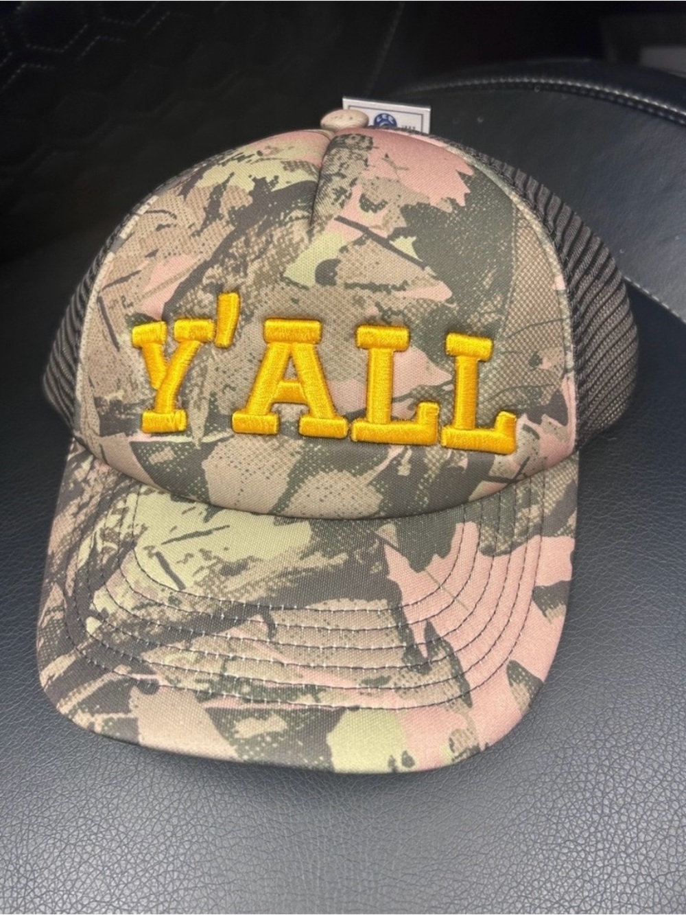 Y'ALL  Camo Women’s  Trucker Hat with Yellow Embroidery